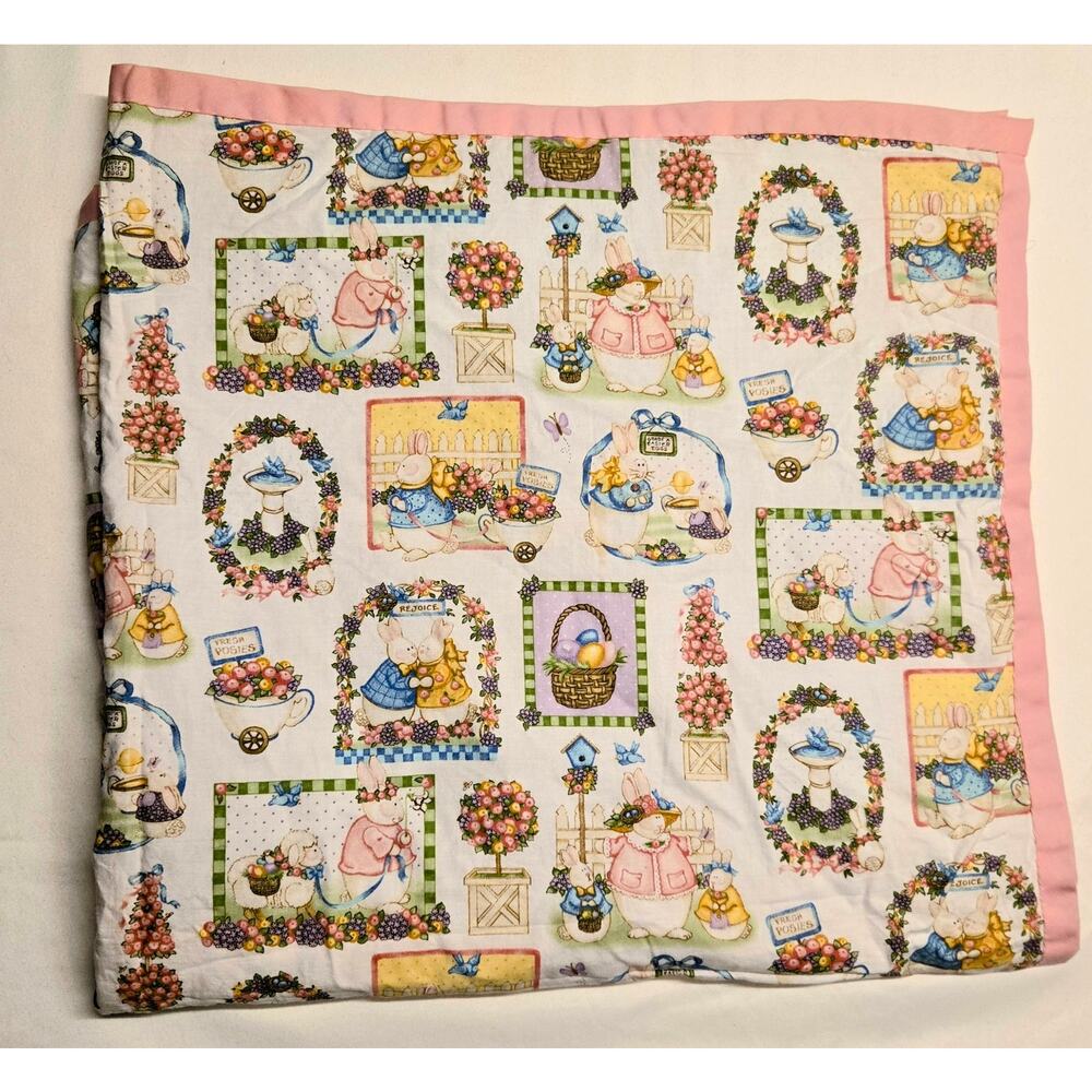 Handmade Vintage Baby Quilt Pastel Easter Bunny Patchwork Theme Blanket 38"X42"